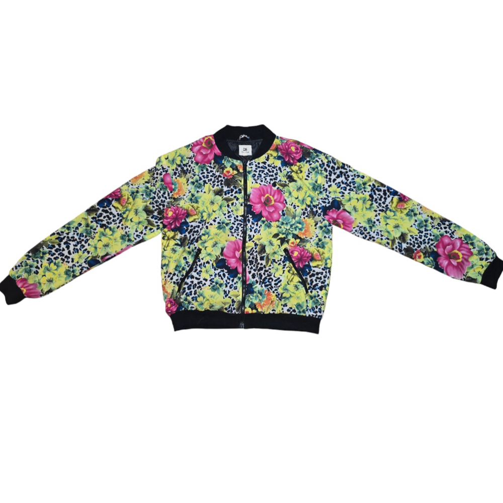 Women's Cotton Candy Floral Lropard Bomber Jacket Size M Yellow